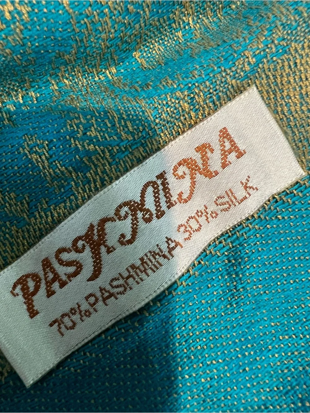 pashmina Teal and Gold Paisley Draped Shawl with Fringe